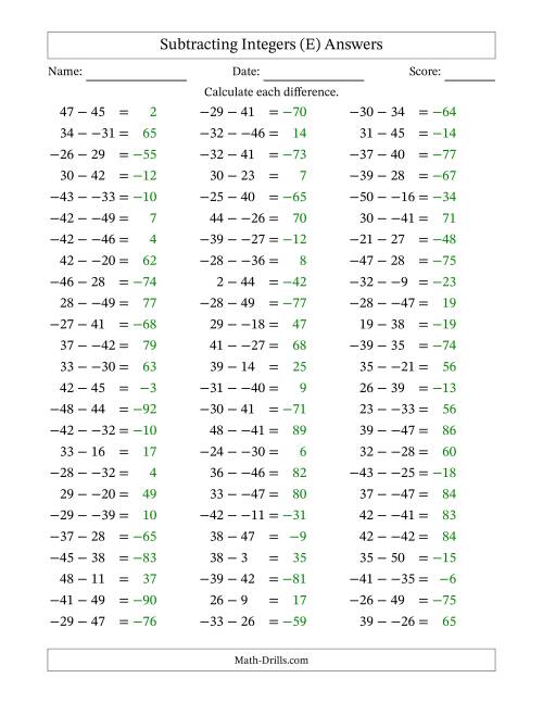 The Subtracting Mixed Integers from -50 to 50 (75 Questions; No Parentheses) (E) Math Worksheet Page 2