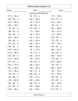 Subtracting Mixed Integers from -99 to 99 (75 Questions; No Parentheses)