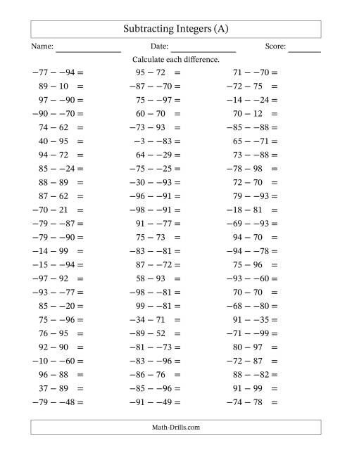 The Subtracting Mixed Integers from -99 to 99 (75 Questions; No Parentheses) (A) Math Worksheet