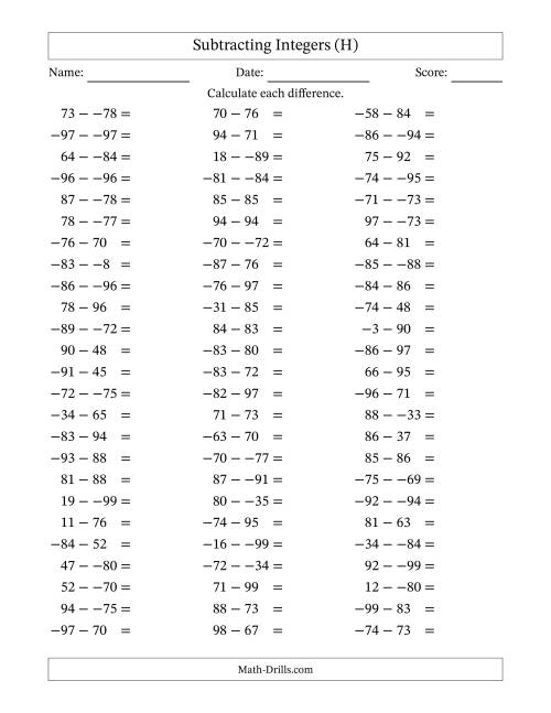 The Subtracting Mixed Integers from -99 to 99 (75 Questions; No Parentheses) (H) Math Worksheet