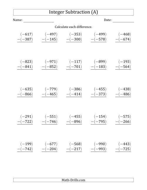 The Three-Digit Negative Minus a Negative Integer Subtraction (Vertically Arranged) (A) Math Worksheet