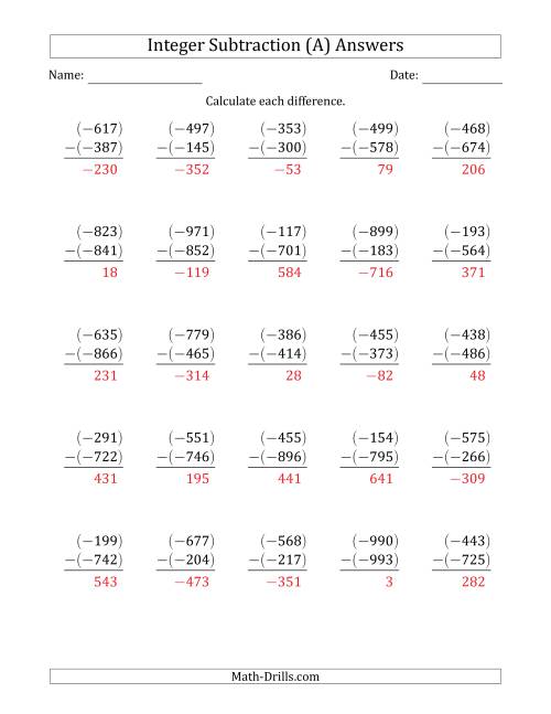 The Three-Digit Negative Minus a Negative Integer Subtraction (Vertically Arranged) (A) Math Worksheet Page 2
