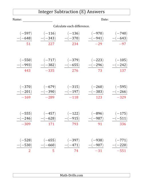 The Three-Digit Negative Minus a Negative Integer Subtraction (Vertically Arranged) (E) Math Worksheet Page 2