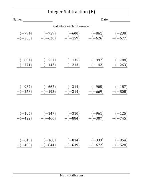 The Three-Digit Negative Minus a Negative Integer Subtraction (Vertically Arranged) (F) Math Worksheet