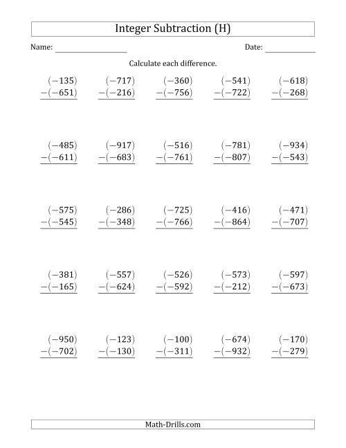 The Three-Digit Negative Minus a Negative Integer Subtraction (Vertically Arranged) (H) Math Worksheet