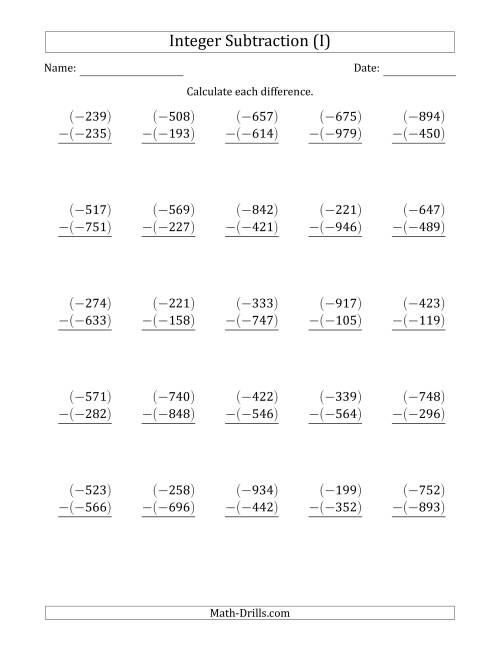 The Three-Digit Negative Minus a Negative Integer Subtraction (Vertically Arranged) (I) Math Worksheet