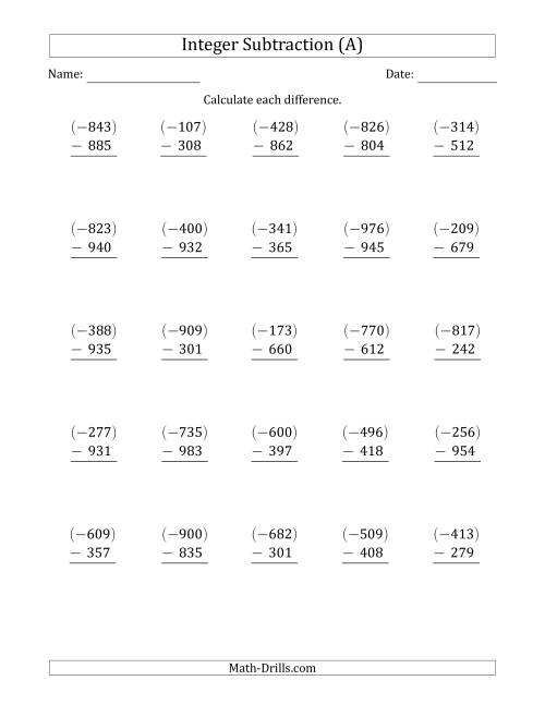 The Three-Digit Negative Minus a Positive Integer Subtraction (Vertically Arranged) (A) Math Worksheet