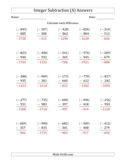 The Three-Digit Negative Minus a Positive Integer Subtraction (Vertically Arranged) (A) Math Worksheet Page 2