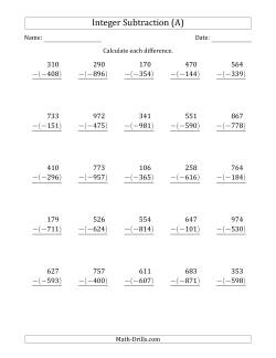 Three-Digit Positive Minus a Negative Integer Subtraction (Vertically Arranged)