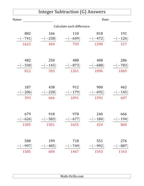 The Three-Digit Positive Minus a Negative Integer Subtraction (Vertically Arranged) (G) Math Worksheet Page 2