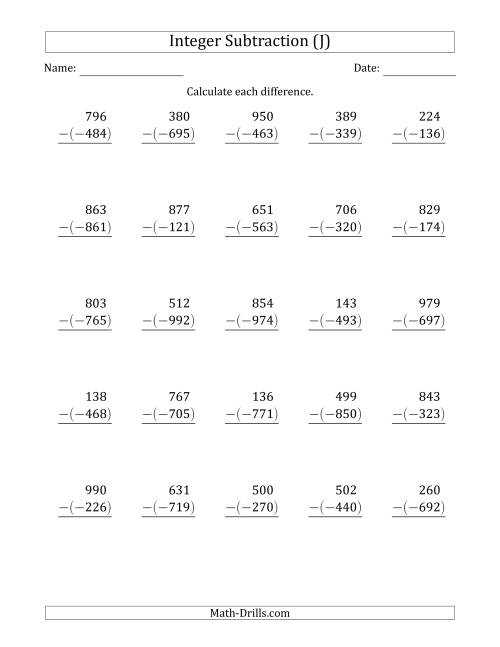The Three-Digit Positive Minus a Negative Integer Subtraction (Vertically Arranged) (J) Math Worksheet