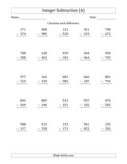 Three-Digit Positive Minus a Positive Integer Subtraction (Vertically Arranged)