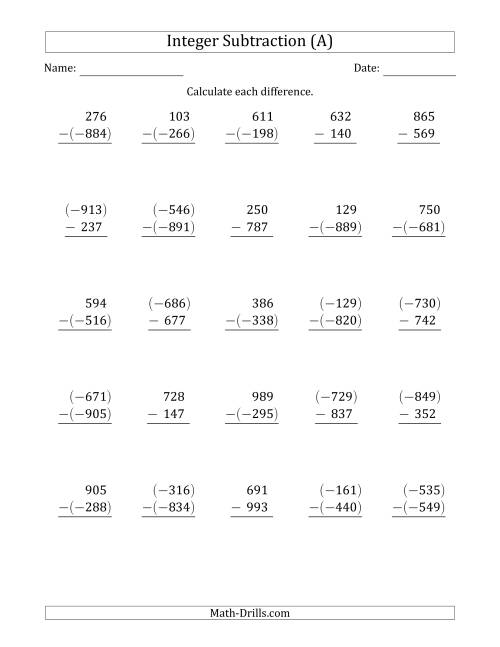 The Three-Digit Integer Subtraction (Vertically Arranged) (A) Math Worksheet