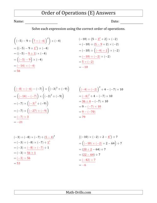 The Order of Operations with Negative and Positive Integers (Five Steps) (E) Math Worksheet Page 2