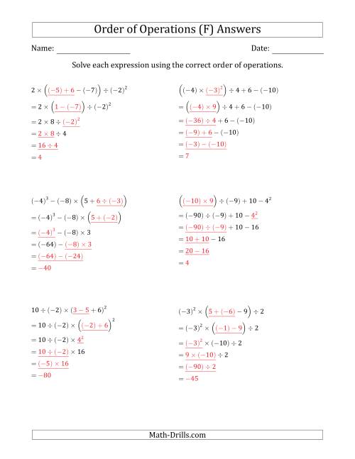 The Order of Operations with Negative and Positive Integers (Five Steps) (F) Math Worksheet Page 2