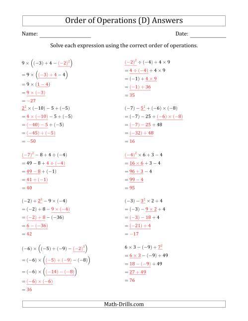 The Order of Operations with Negative and Positive Integers (Four Steps) (D) Math Worksheet Page 2