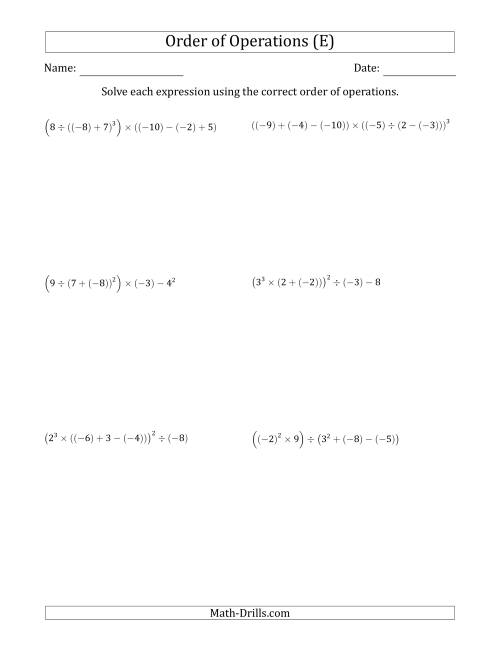 The Order of Operations with Negative and Positive Integers (Six Steps) (E) Math Worksheet