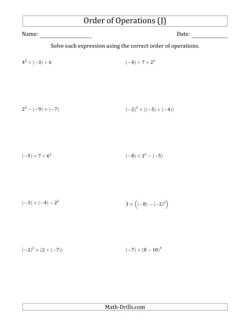The Order of Operations with Negative and Positive Integers (Three Steps) (J) Math Worksheet