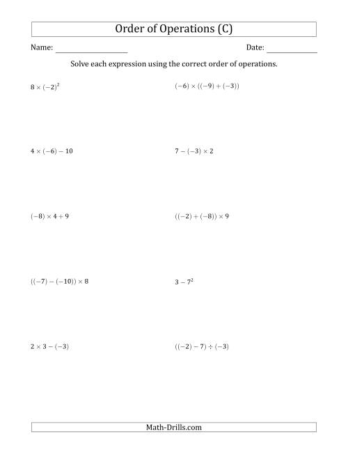 The Order of Operations with Negative and Positive Integers (Two Steps) (C) Math Worksheet