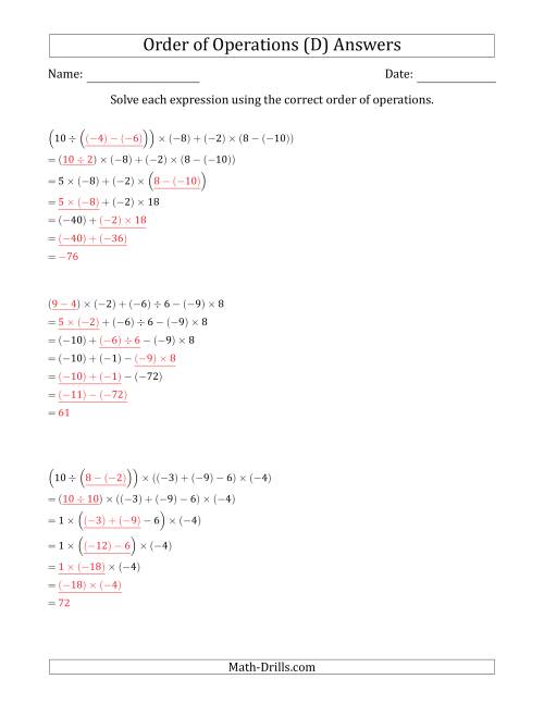 The Order of Operations with Negative and Positive Integers and No Exponents (Six Steps) (D) Math Worksheet Page 2