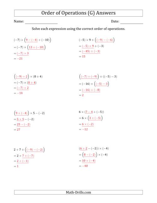 The Order of Operations with Negative and Positive Integers and No Exponents (Three Steps) (G) Math Worksheet Page 2