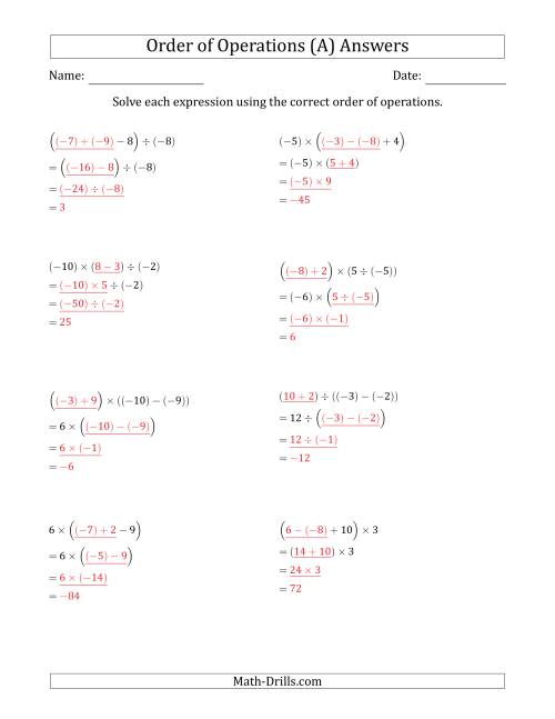 Order of Operations with Negative and Positive Integers and No ...