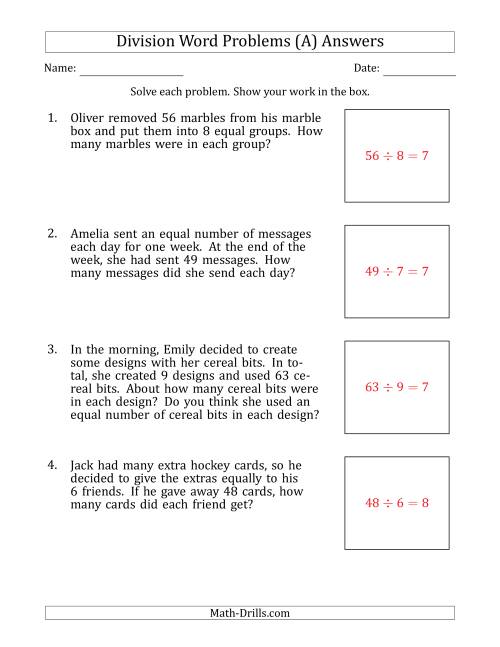 division word problems with division facts from 5 to 12 a