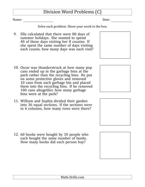The Division Word Problems with Division Facts from 5 to 12 (C) Math Worksheet