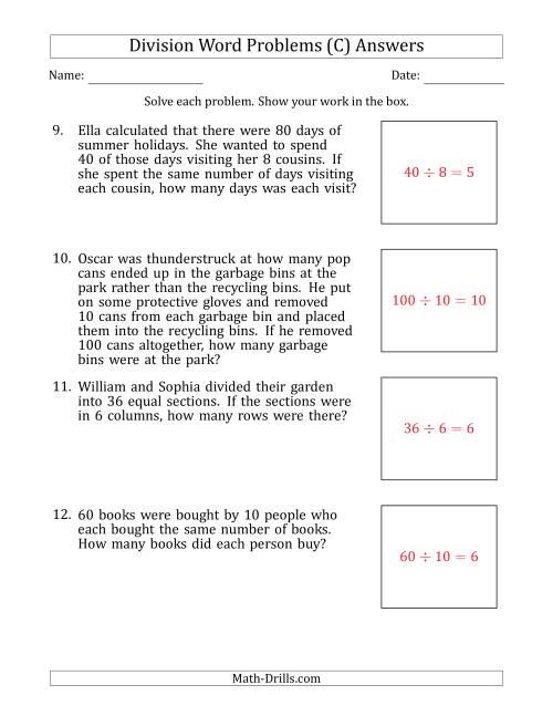 division word problems with division facts from 5 to 12 c