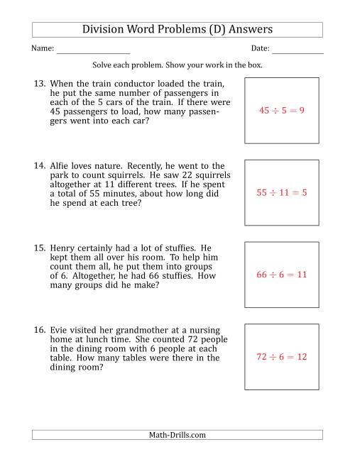 The Division Word Problems with Division Facts from 5 to 12 (D) Math Worksheet Page 2