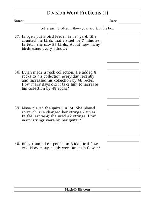 The Division Word Problems with Division Facts from 5 to 12 (J) Math Worksheet