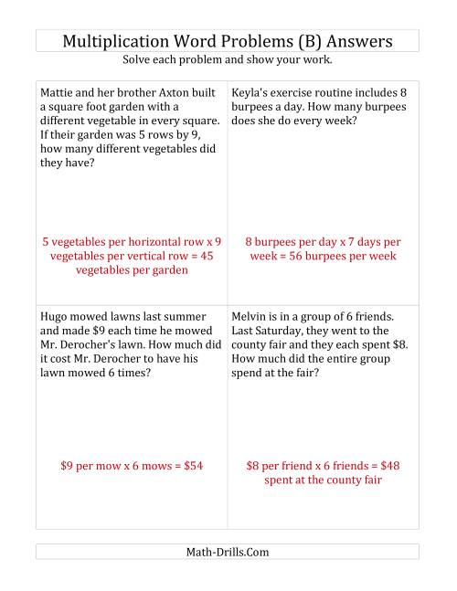 The Single-Step Multiplication Word Problems up to 10 x 10 (B) Math Worksheet Page 2