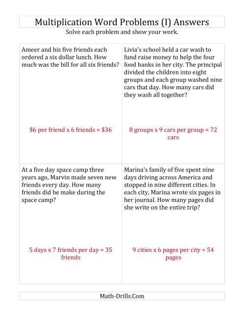 The Single-Step Multiplication Word Problems up to 10 x 10 (I) Math Worksheet Page 2