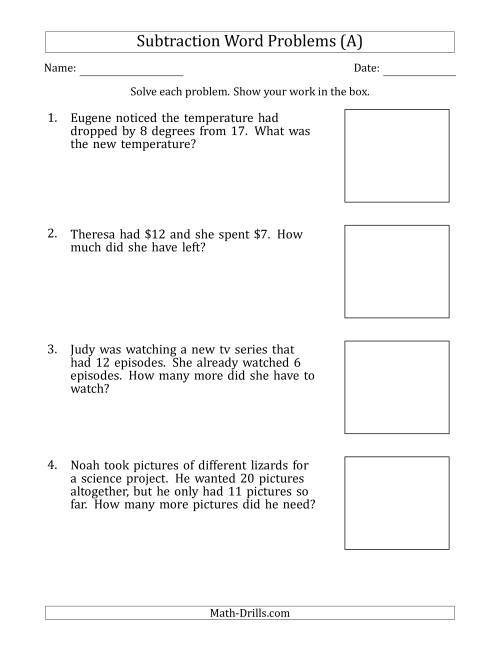 The Subtraction Word Problems with Subtraction Facts from 5 to 12 (A) Math Worksheet