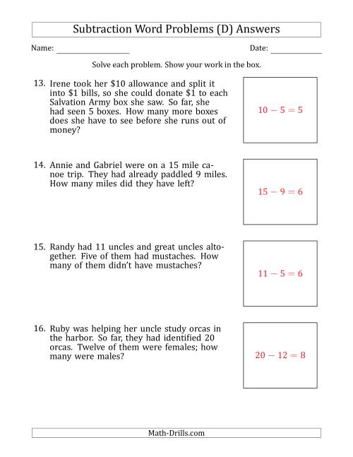 The Subtraction Word Problems with Subtraction Facts from 5 to 12 (D) Math Worksheet Page 2