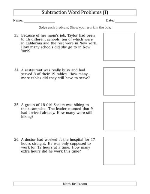 The Subtraction Word Problems with Subtraction Facts from 5 to 12 (I) Math Worksheet