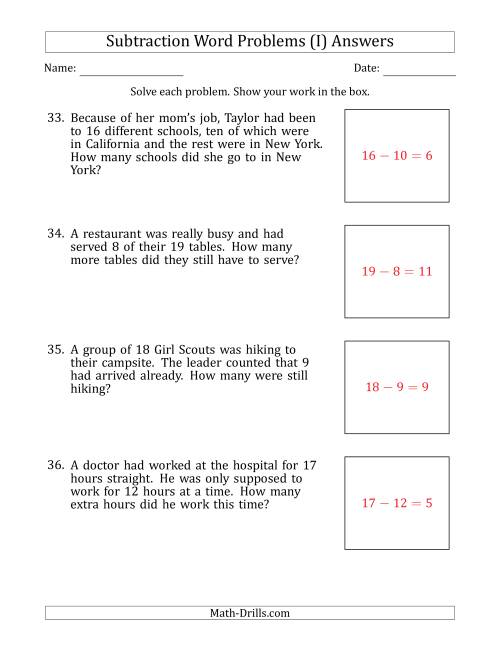The Subtraction Word Problems with Subtraction Facts from 5 to 12 (I) Math Worksheet Page 2