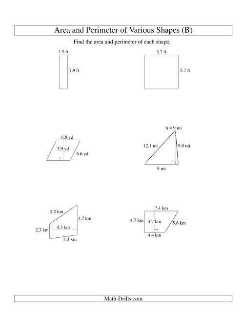 The Area and Perimeter of Various Shapes (up to 1 decimal place; range 1-9) (B) Math Worksheet
