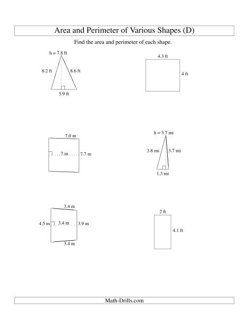 The Area and Perimeter of Various Shapes (up to 1 decimal place; range 1-9) (D) Math Worksheet