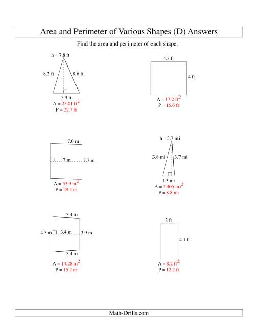 The Area and Perimeter of Various Shapes (up to 1 decimal place; range 1-9) (D) Math Worksheet Page 2