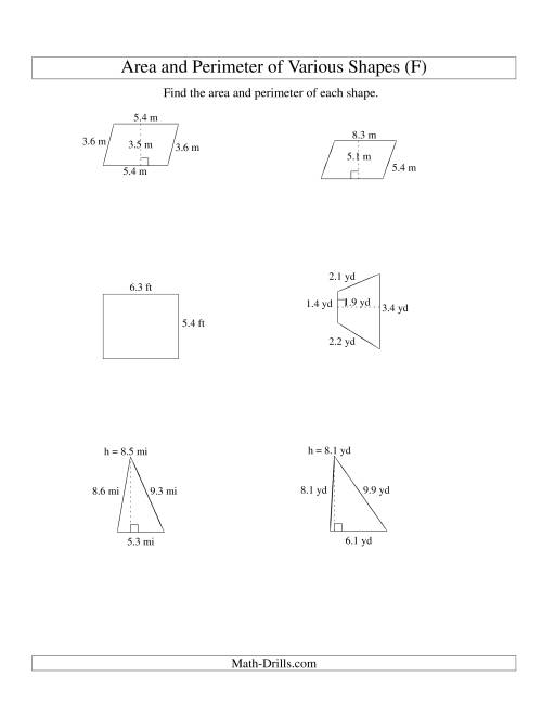 The Area and Perimeter of Various Shapes (up to 1 decimal place; range 1-9) (F) Math Worksheet