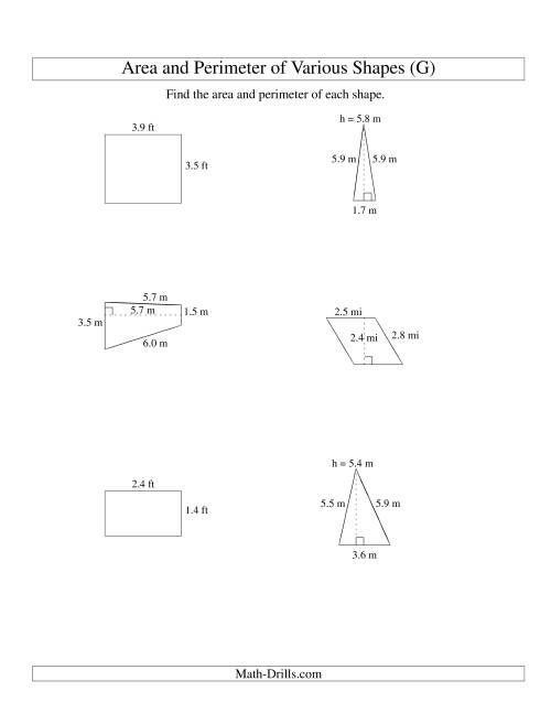 The Area and Perimeter of Various Shapes (up to 1 decimal place; range 1-9) (G) Math Worksheet