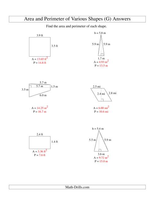 The Area and Perimeter of Various Shapes (up to 1 decimal place; range 1-9) (G) Math Worksheet Page 2