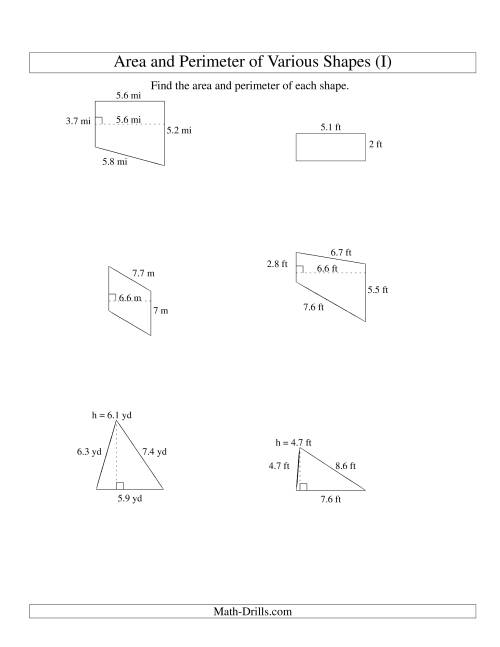 The Area and Perimeter of Various Shapes (up to 1 decimal place; range 1-9) (I) Math Worksheet