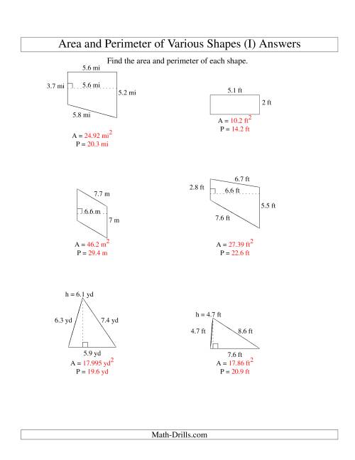 The Area and Perimeter of Various Shapes (up to 1 decimal place; range 1-9) (I) Math Worksheet Page 2