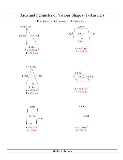 The Area and Perimeter of Various Shapes (up to 1 decimal place; range 1-9) (J) Math Worksheet Page 2