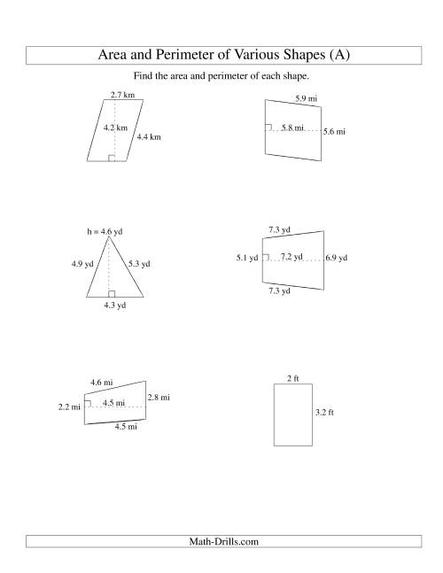 The Area and Perimeter of Various Shapes (up to 1 decimal place; range 1-9) (All) Math Worksheet