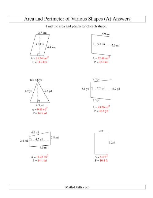 The Area and Perimeter of Various Shapes (up to 1 decimal place; range 1-9) (All) Math Worksheet Page 2