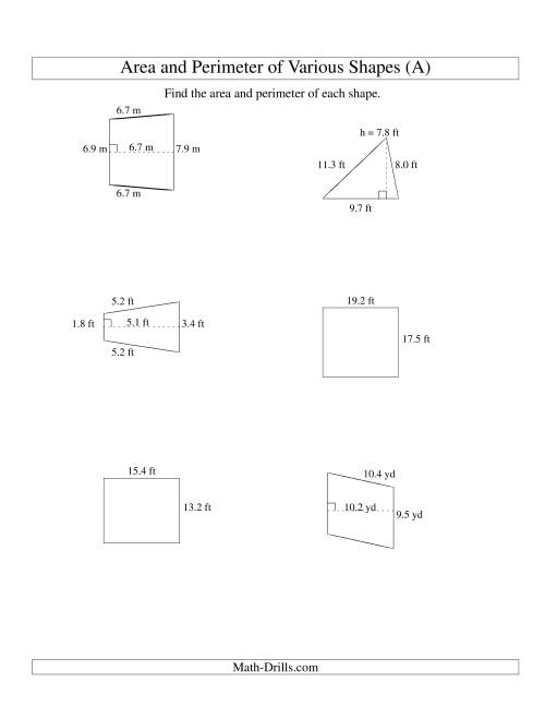 The Area and Perimeter of Various Shapes (up to 1 decimal place; range 5-20) (A) Math Worksheet
