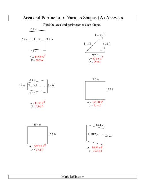 The Area and Perimeter of Various Shapes (up to 1 decimal place; range 5-20) (A) Math Worksheet Page 2